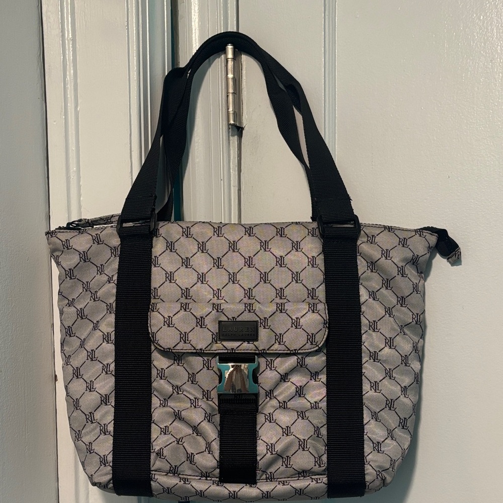 Ralph Lauren Gray Monogram Tote with Black Web Straps